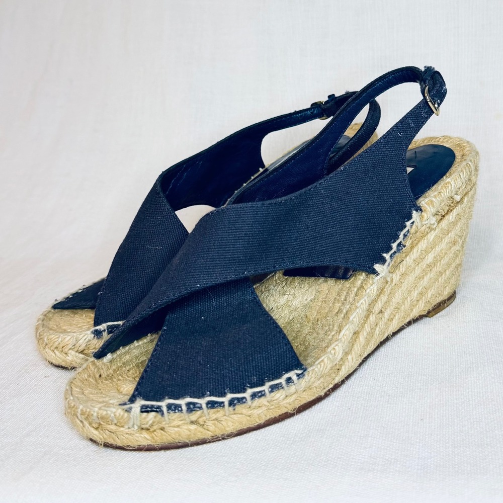 Diane von Furstenberg Navy Canvas Espadrille Wedge Sandals Slingback Blue